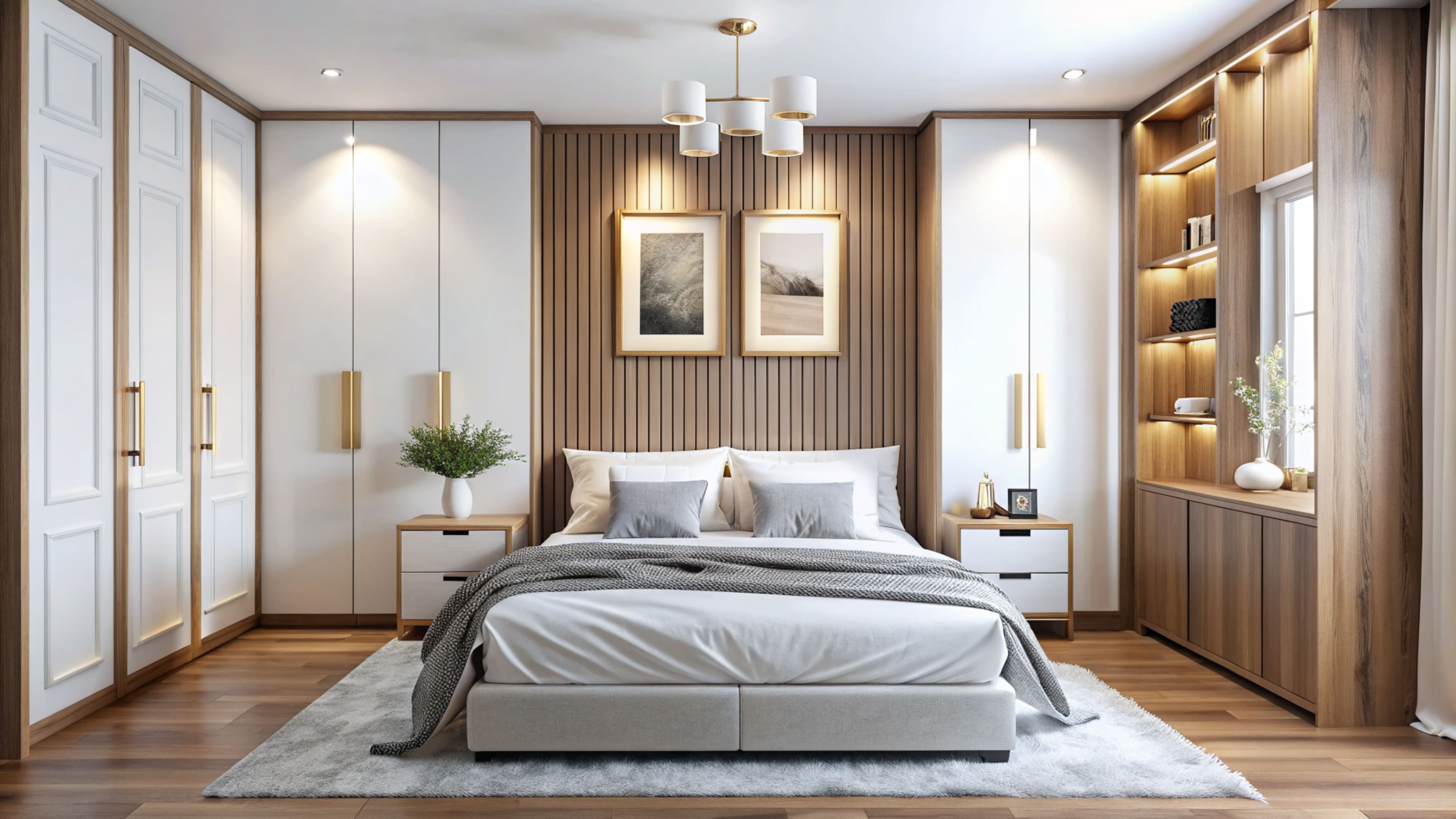 Modern wooden bedroom with gold accents and built-in wardrobes
