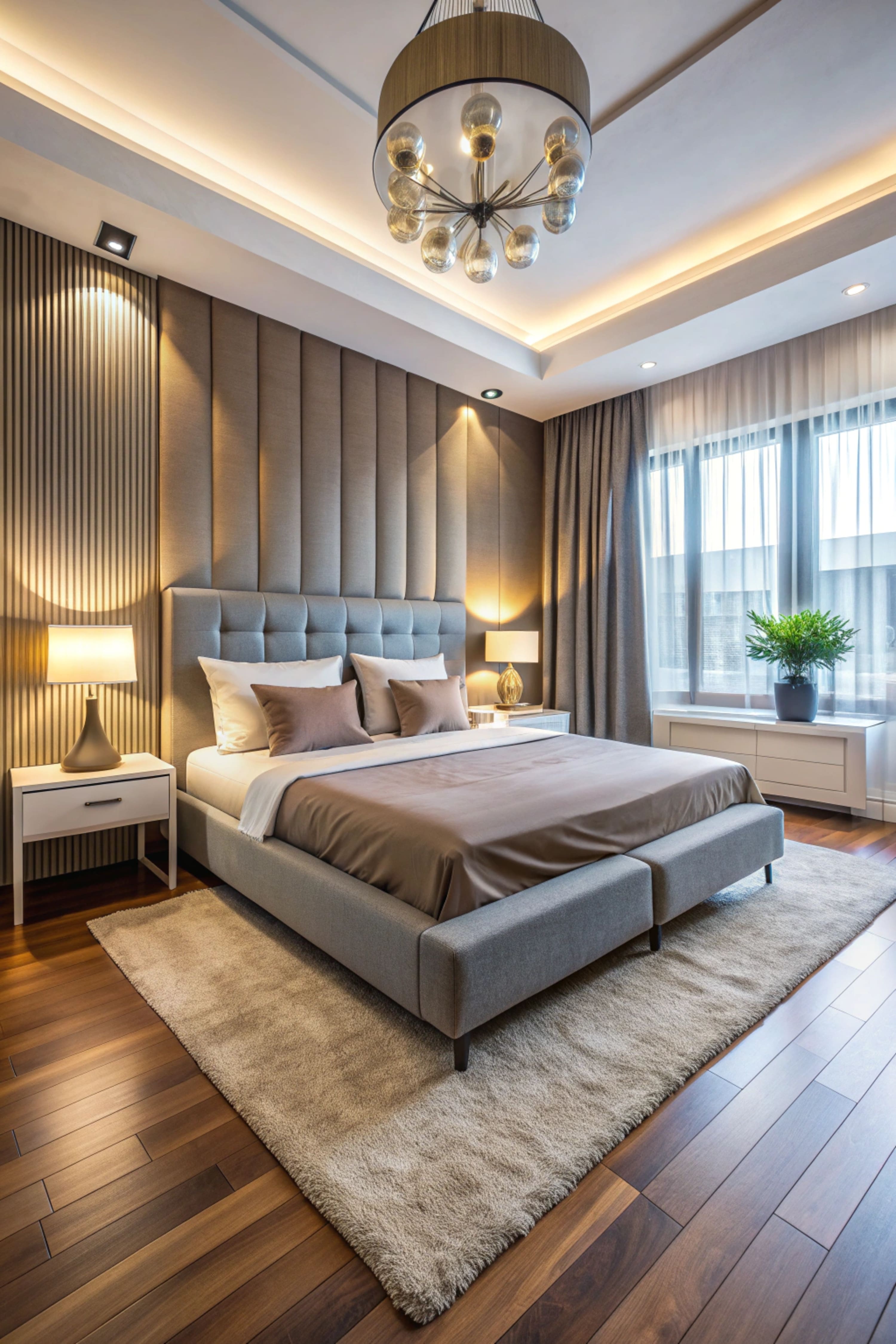 Contemporary luxury bedroom with warm lighting
